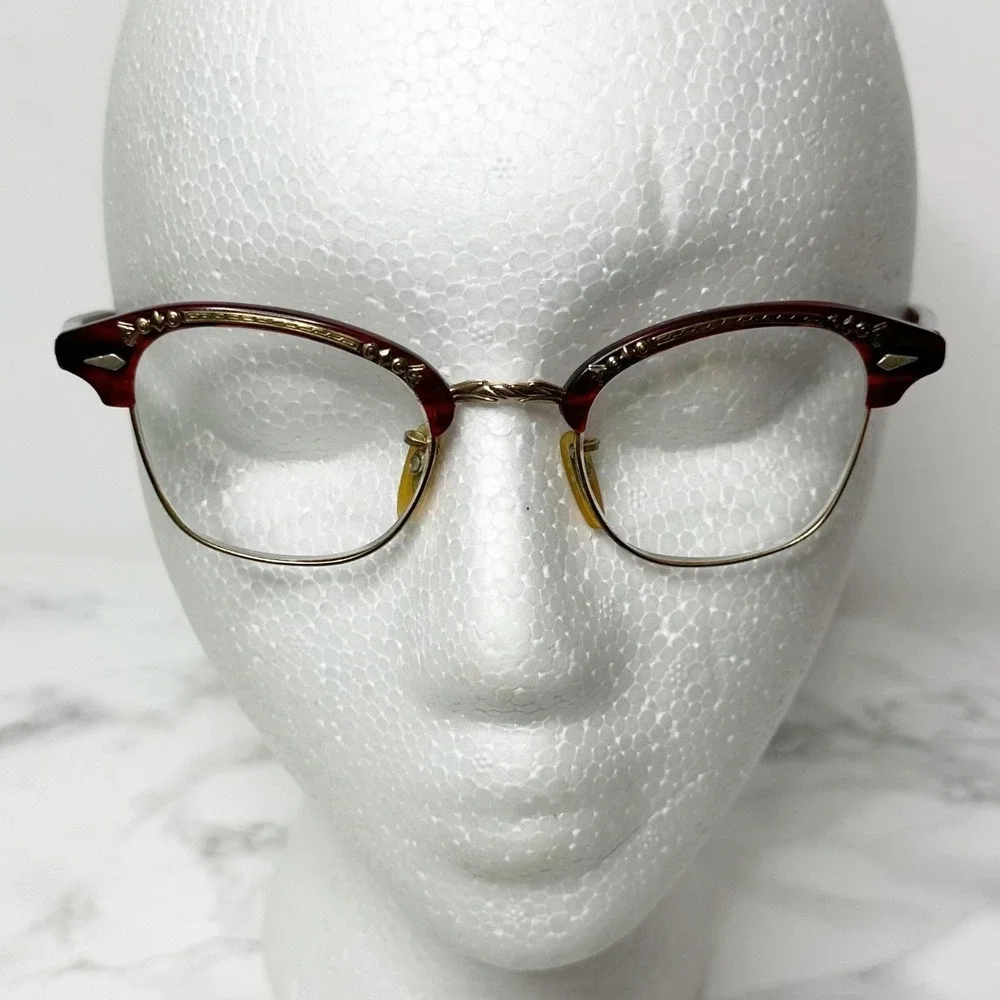 Vintage 50s Cat Eye Bifocal Eyeglasses Size 5.5 Burgundy Gold 12K GF Filigree